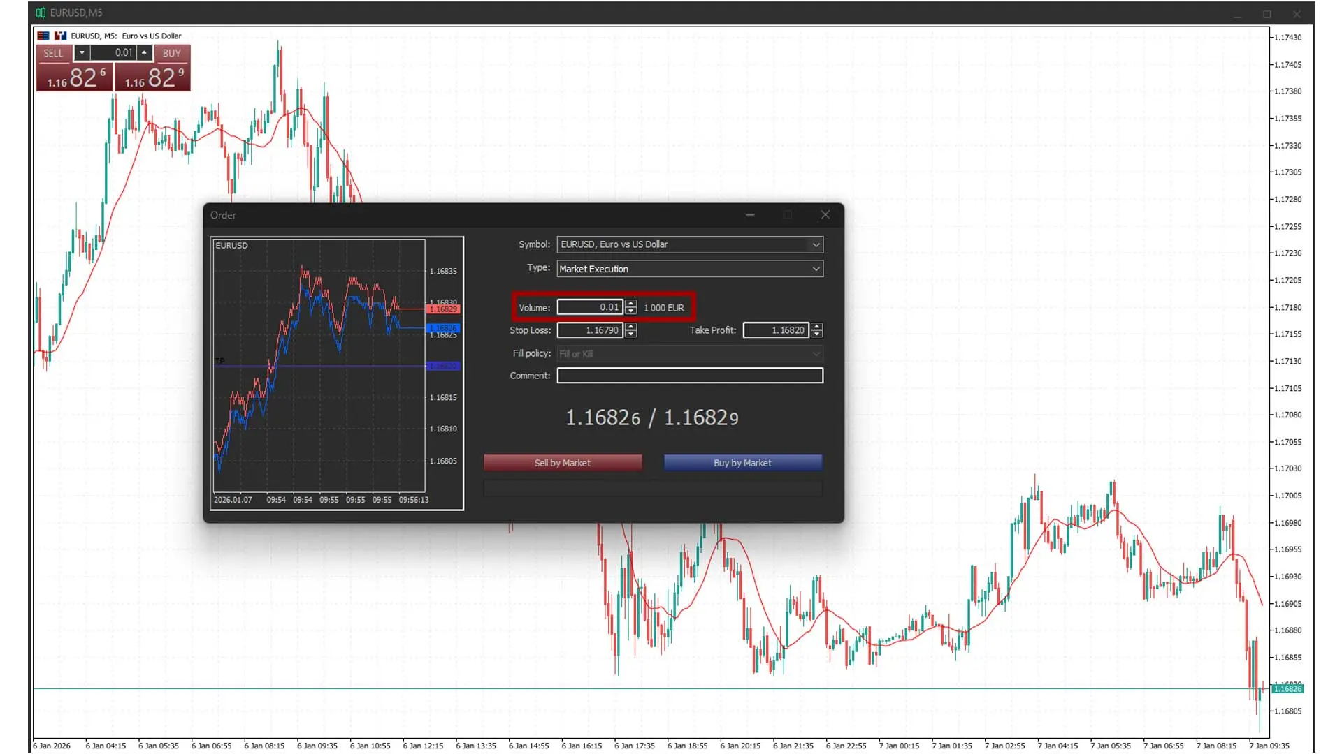 تصویری از نحوه تعیین حجم در متاتریدر 5